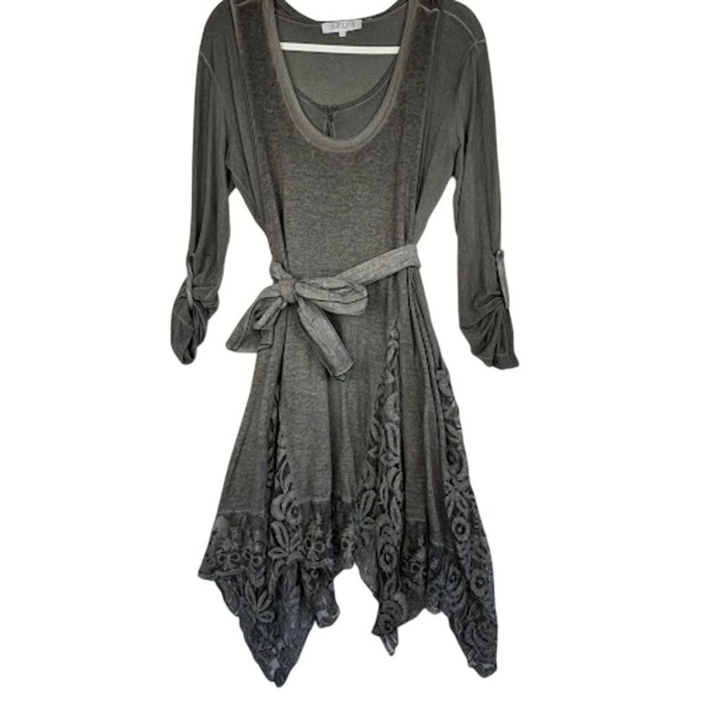 AZIZA BY GIZ Gray Lagenlook Boho Tunic Dress w Belt Size Med Two Piece Set